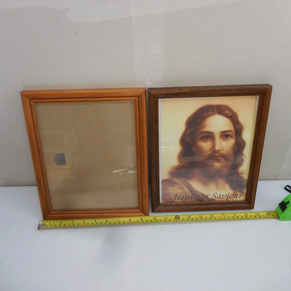 Vintage Wood Picture Frame Set Jesus Our Saviour Religious Print 10x12 Brown